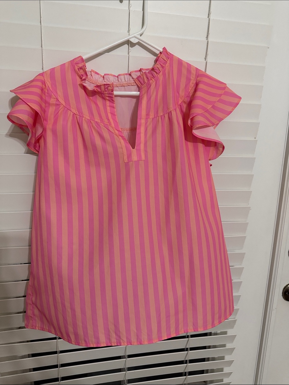 Girls' Pink & Coral Stripe Ruffle-Sleeve Dress